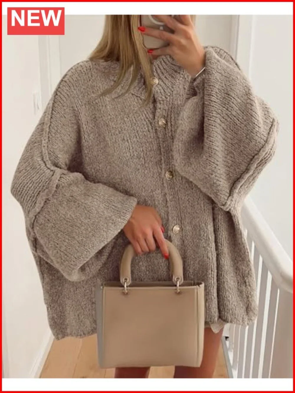 Oversized Cardigan Sweater Women Button Down Crew Neck Long Sleeve Knit